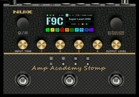 NUX Amp Academy Stomp 韌體 V2 首頁畫面，效果鏈新增 MOD 模組