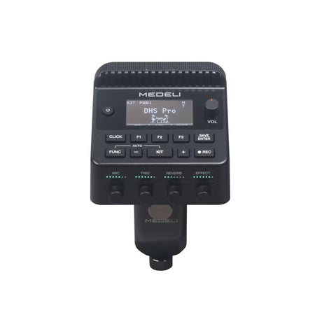 MEDELI DHS30 電子原聲鼓混合系統音源模組正面，含 3 吋 LCD 螢幕與鼓框夾具