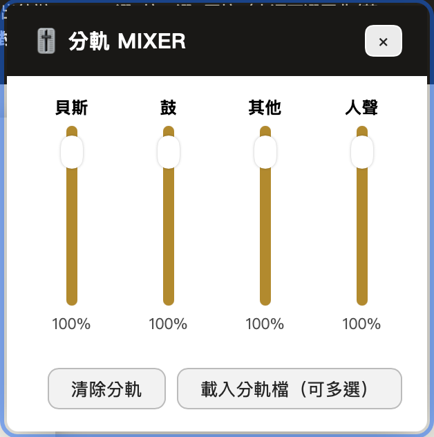 Monk Custom Jianpu Editor AI 分軌 MIXER：人聲/鼓/貝斯/其他四軌推子